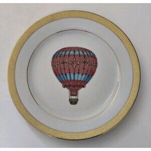 Royal Gallery Buffet Blue Red Bow Hot Air Balloon 8.5” Salad Plate Gold Gilt Rim